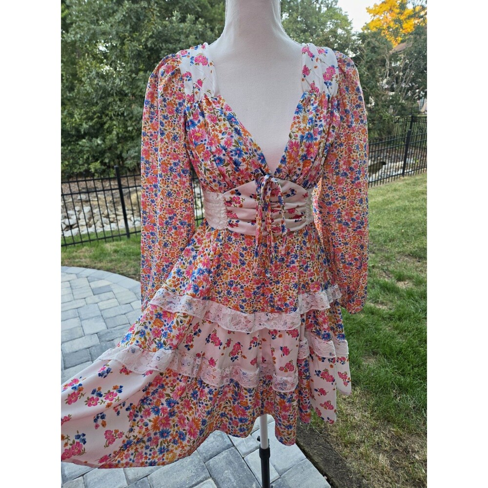 Altar'd State Women's Aderny Dress S Satin Floral Ditsy Smocked Lace Fairycore